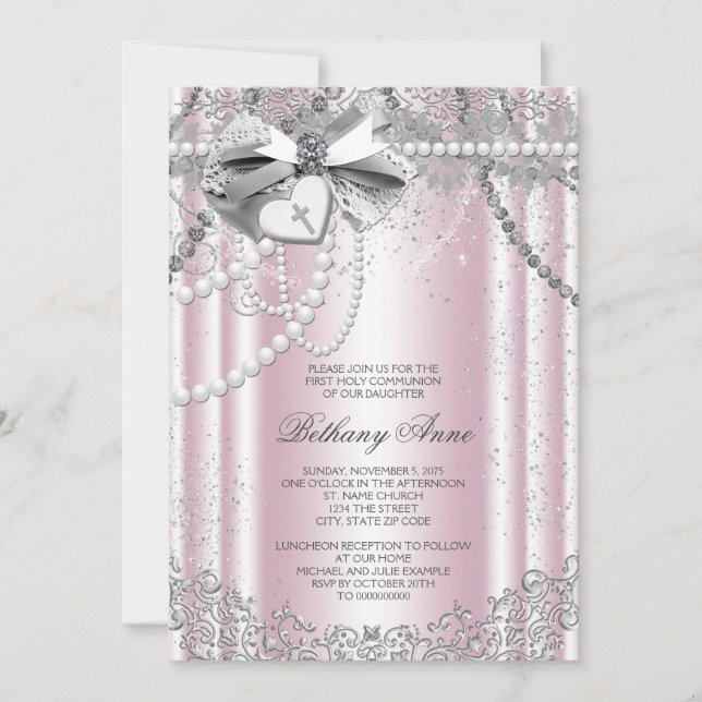 Pink and Gray Pearl First Communion Invitation (Front)