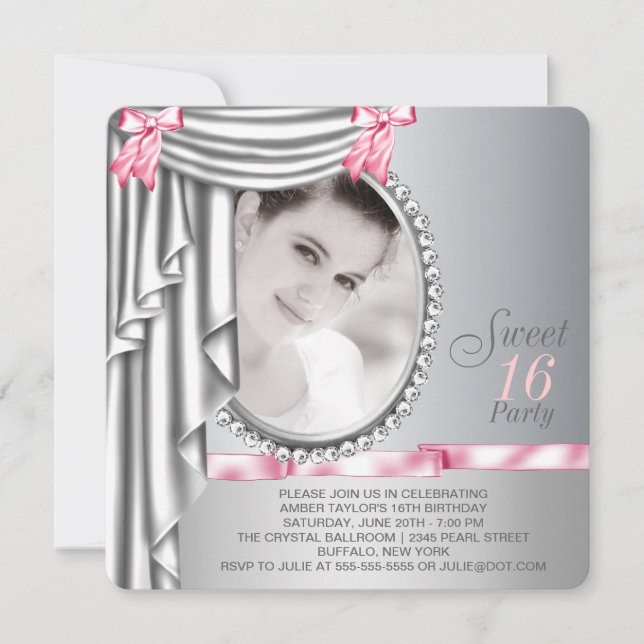Pink and Gray Photo Sweet 16 Birthday Party Invitation (Front)