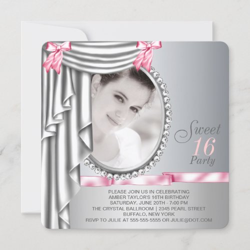 Pink and Gray Photo Sweet 16 Birthday Party Invites