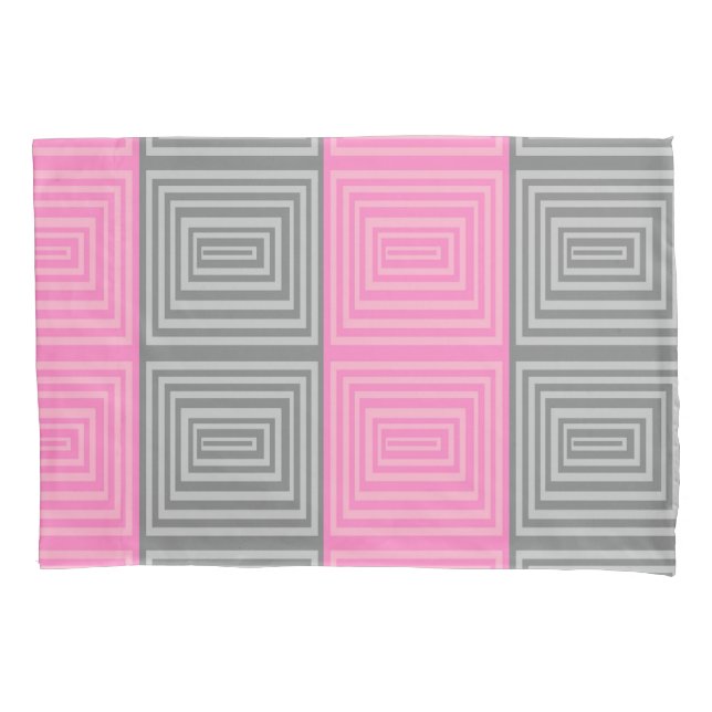 Pink and Gray Pillow Case With Geometric Pattern  (Front)