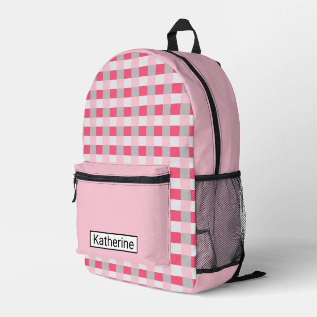 Pink and gray plaid  printed backpack (Back Corner Right)