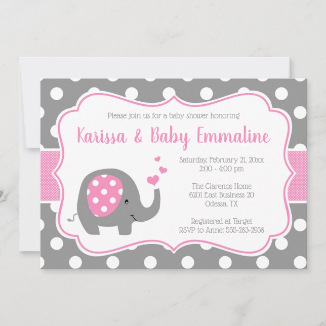 Pink and Gray Polka Dot Elephant Baby Shower Invitation (Front)
