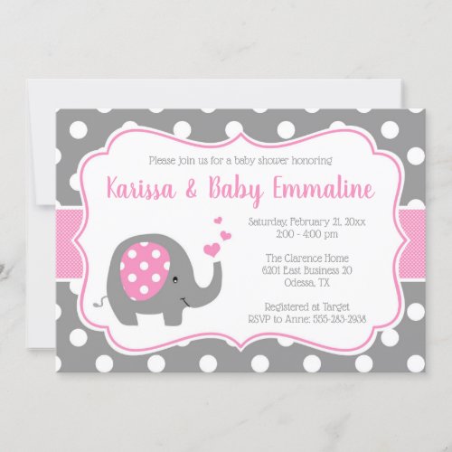 Pink and Gray Polka Dot Elephant Baby Shower Invitation