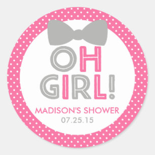 Pink and Gray Polka Dot Oh Girl Baby Shower Classic Round Sticker