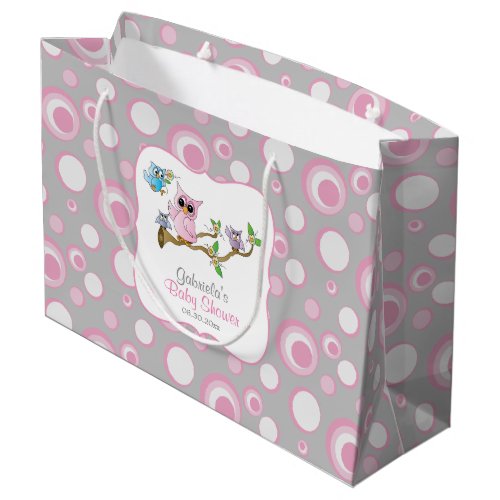 Pink and Gray Polka Dot with a Cute Owl Family  Large Gift Bag