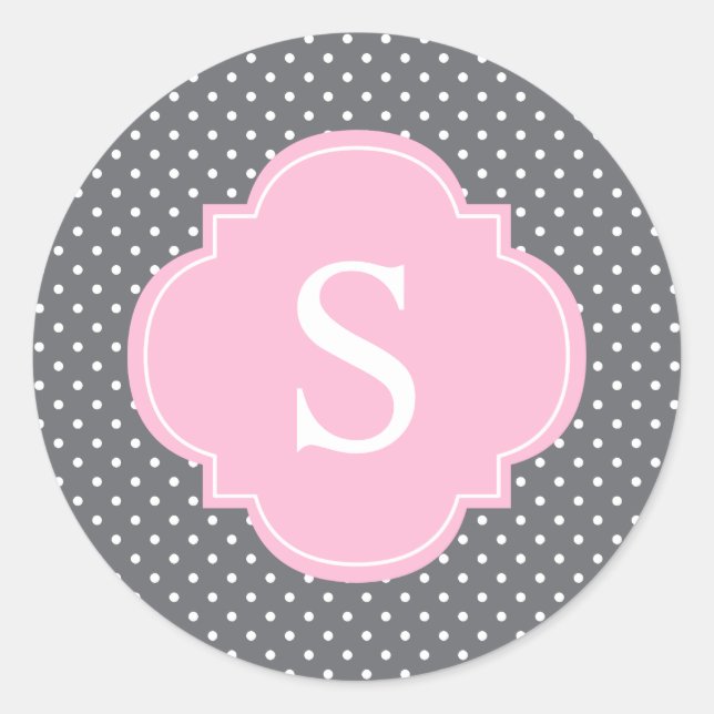 Pink and Gray Polka Dots Patter Classic Round Sticker (Front)