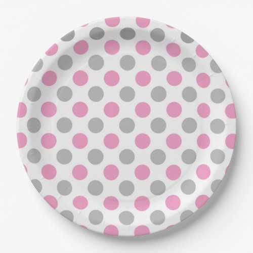 Pink and gray polka dots pattern paper plates