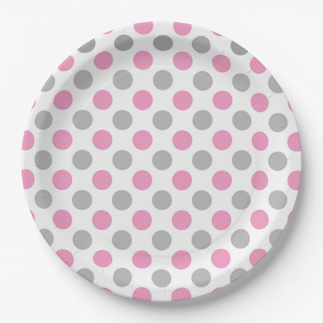 Pink and gray polka dots pattern paper plates (Front)