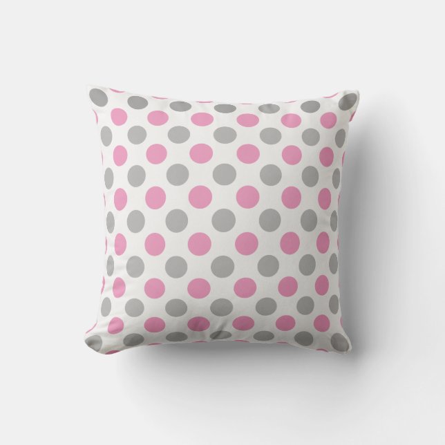 Pink and gray polka dots pattern throw pillow (Front)