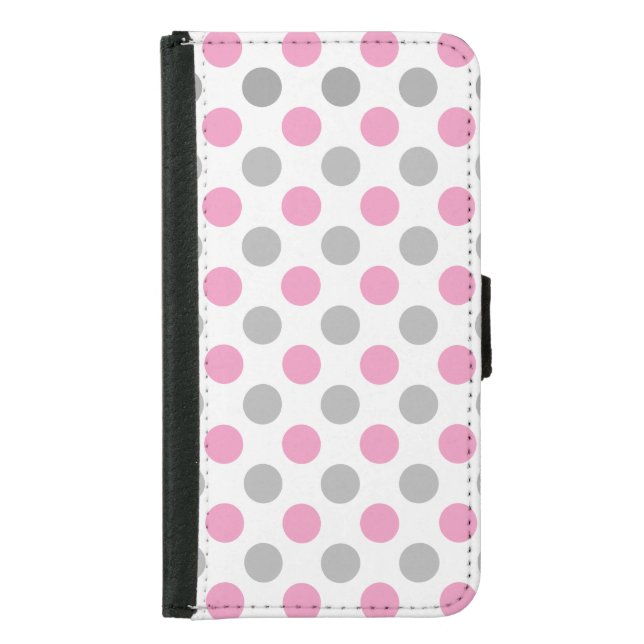 Pink and gray polka dots samsung galaxy wallet case (Front)