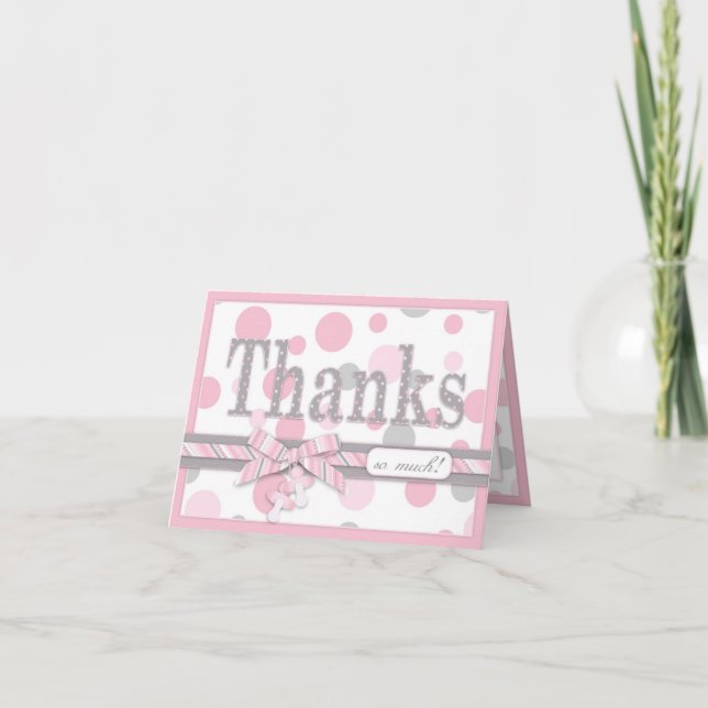 Pink and Gray Polka Dots Thank You Baby Shower Card (Front)