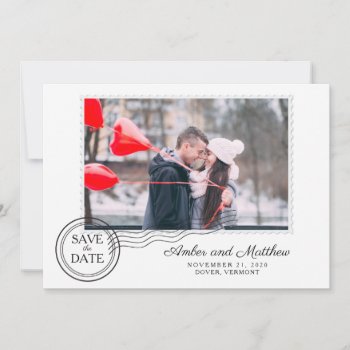 Pink And Gray Postage Save The Date by labellarue at Zazzle