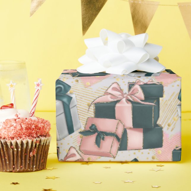 Pink and Gray Pretty Wrapped Presents Birthday Wrapping Paper (Birthday Party)