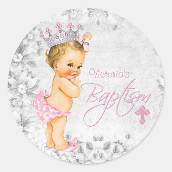 Pink And Gray Princess Baptism Classic Round Sticker by The_Vintage_Boutique at Zazzle