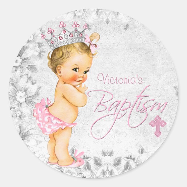 Pink and Gray Princess Baptism Classic Round Sticker (Front)