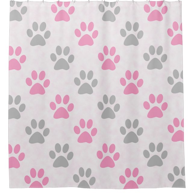 Pink and gray puppy paw prints shower curtain (Front)