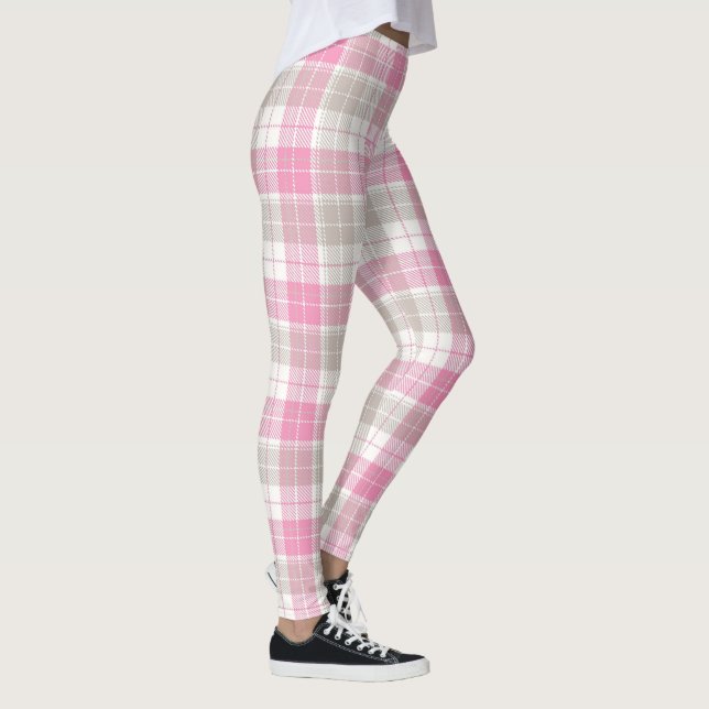Pink and Gray Retro Plaid Art Leggings (Right)