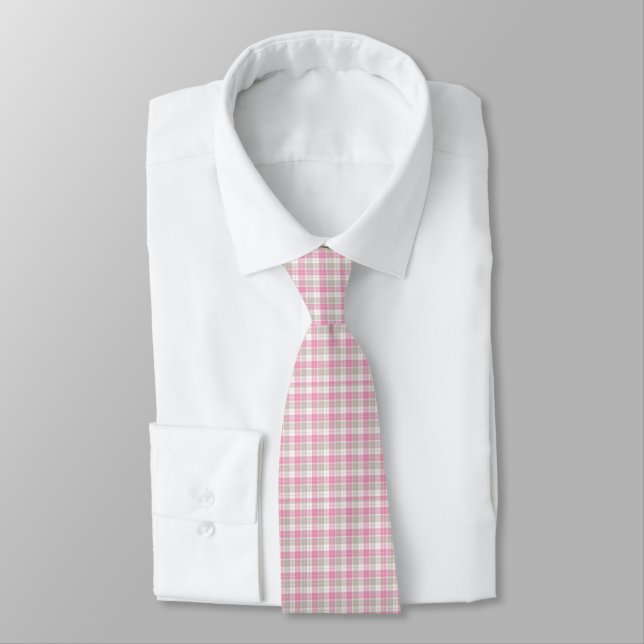 Pink and Gray Retro Plaid Design Tie (Tied)