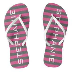 Pink and Gray Rugby Stripes with Custom Name Flip Flops