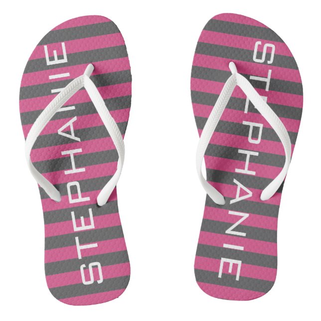 Pink and Gray Rugby Stripes with Custom Name Flip Flops (Footbed)