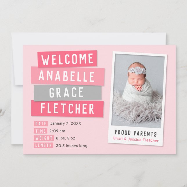 Pink and Gray Snapshot 2 Photo Birth Announcement (Front)
