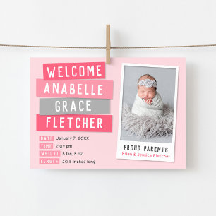 Pink and Gray Snapshot Magnetic Birth Announcement