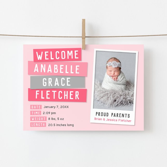 Pink and Gray Snapshot Magnetic Birth Announcement (Creator Uploaded)