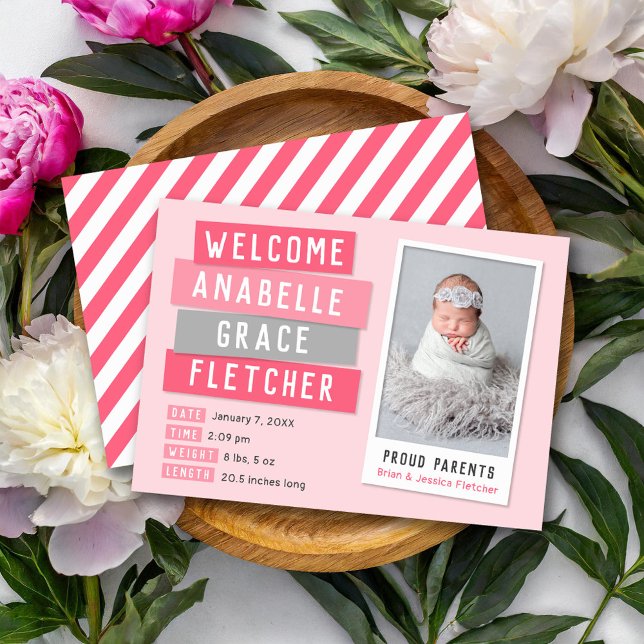 Pink and Gray Snapshot Photo Birth Announcement (Creator Uploaded)