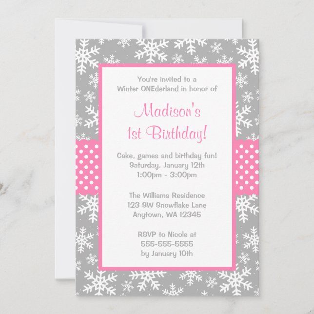 Pink and Gray Snowflakes Winter Onederland Invitation (Front)