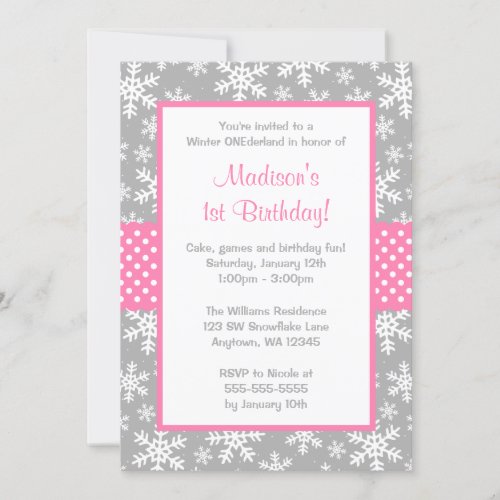 Pink and Gray Snowflakes Winter Onederland Invitation