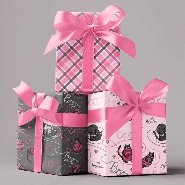 Pink and Gray Spooky Kittens "Kitty Love" Wrapping Paper Sheets (Cute Set of Spooky Playful Kittens Playing with Pink Yarn that Spells "Boo". Pink and Black Plaid.)
