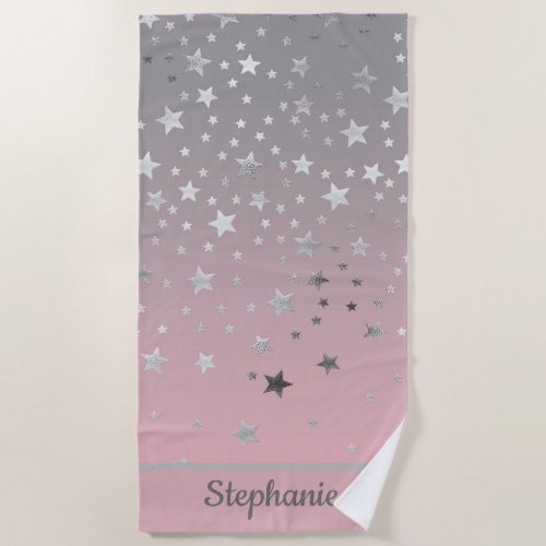 Pink And Gray Stars Ombre Stylish Chic Modern  Beach Towel