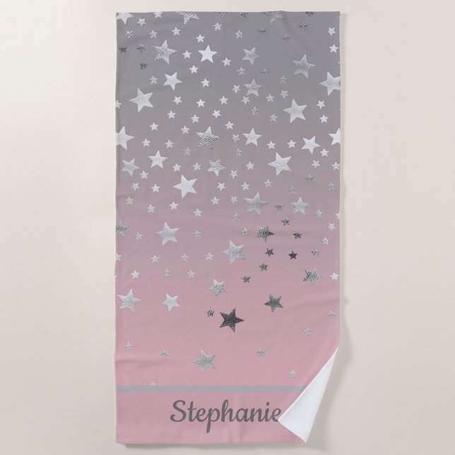 Pink And Gray Stars Ombre Stylish Chic Modern  Beach Towel (Front)
