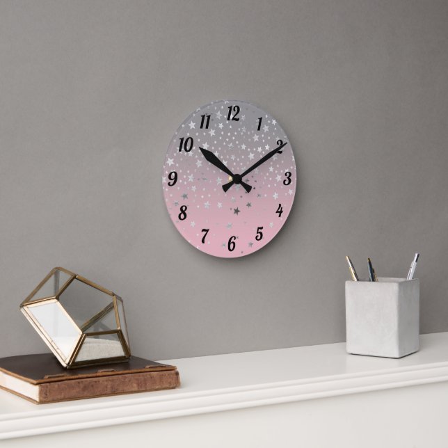 Pink And Gray Stars Stylish Modern Chic Round Clock (Office)