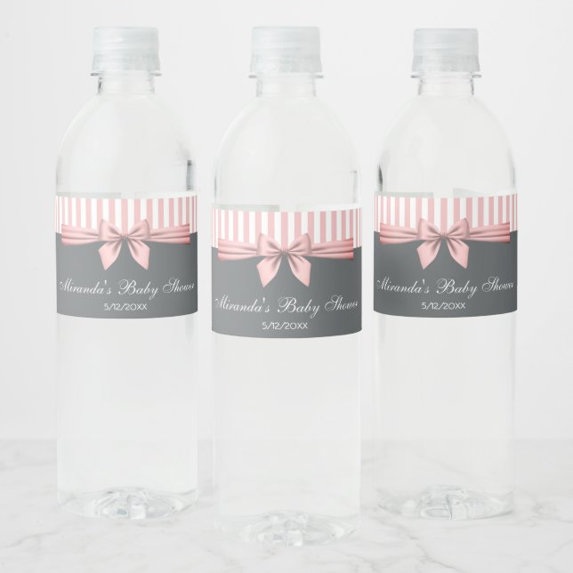 Pink and Gray Striped Bow Baby Shower Water Bottle Label (Bottles)