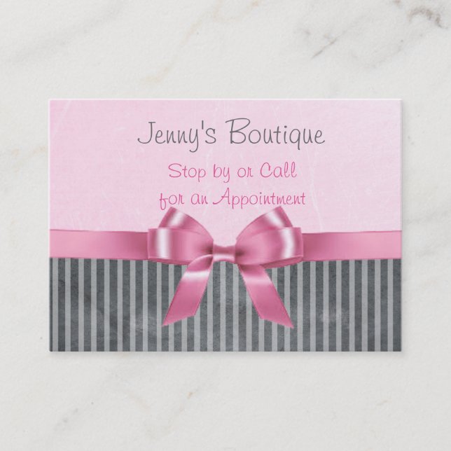 Pink and Gray Striped with Pink Bow & Glitter Appointment Card (Front)