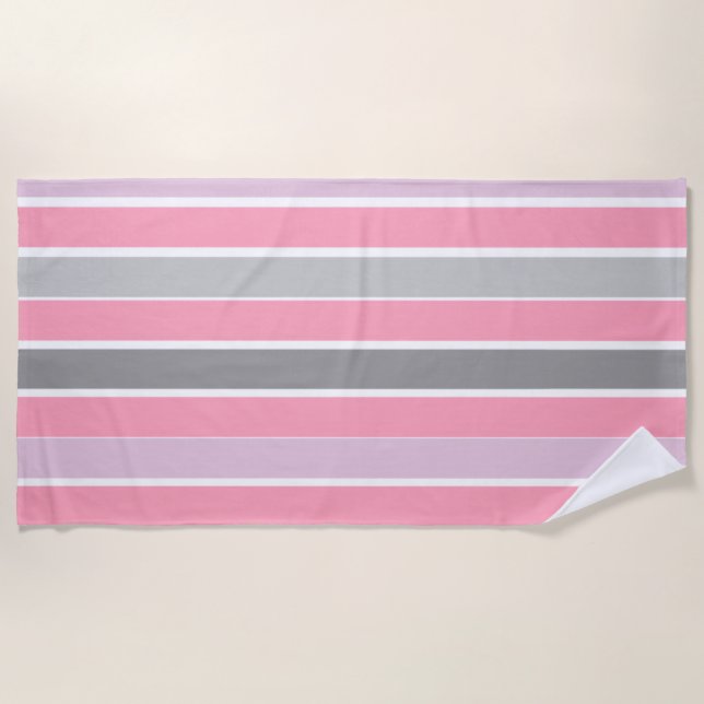 Pink and Gray Stripes Beach Towel (Front)