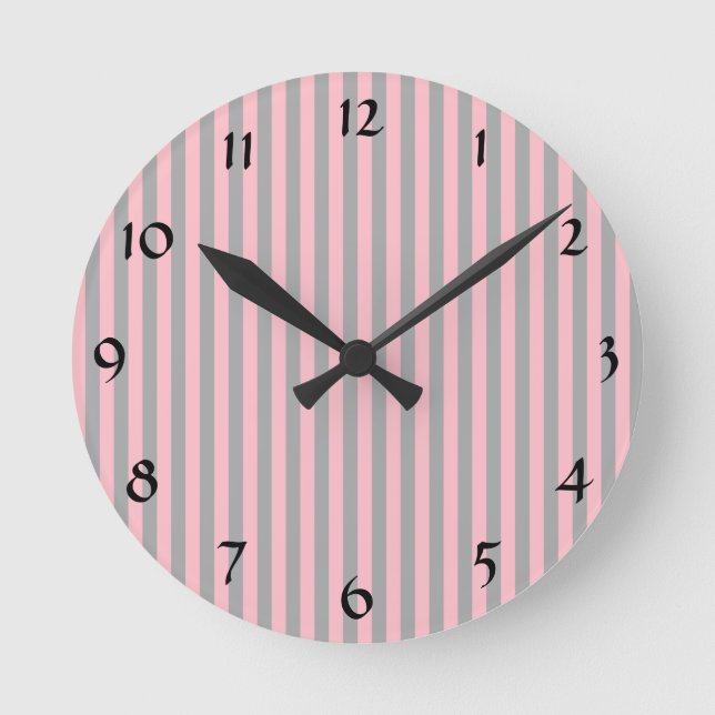 Pink and Gray Stripes Pattern Round Clock (Front)