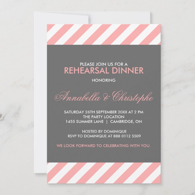 Pink and Gray Stripes Rehearsal Dinner Invitation (Front)
