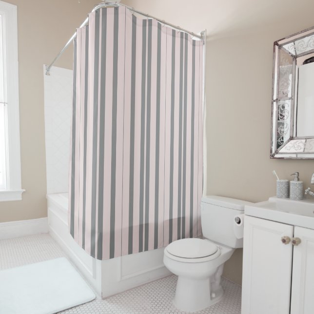 pink and gray stripes shower curtain (In Situ)