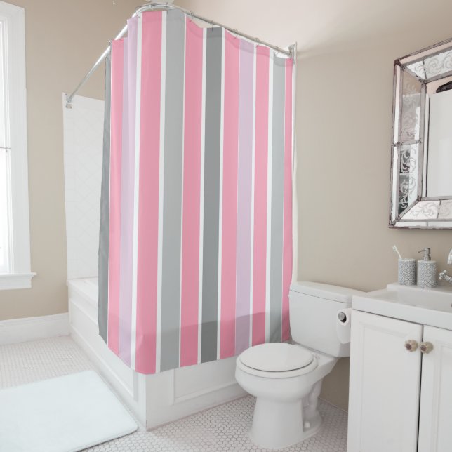 Pink and Gray Stripes Shower Curtain (In Situ)