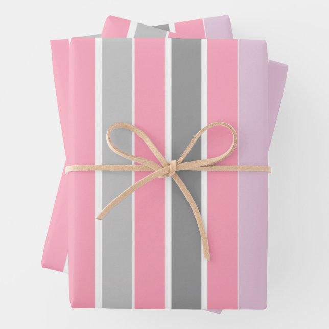 Pink and Gray Stripes Wrapping Paper Sheets (In situ)