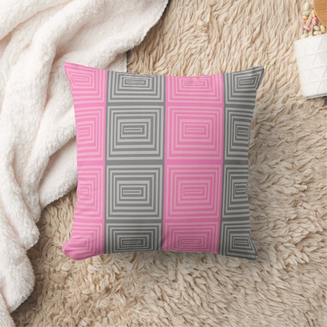 Pink and Gray Throw Pillow With Geometric Pattern (Blanket)