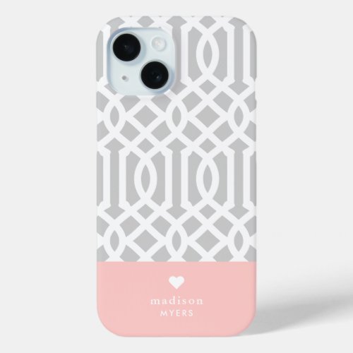Pink and Gray Trellis Heart Monogram iPhone 15 Case