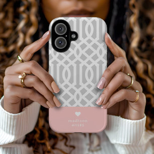 Pink and Gray Trellis Heart Monogram iPhone 16 Case