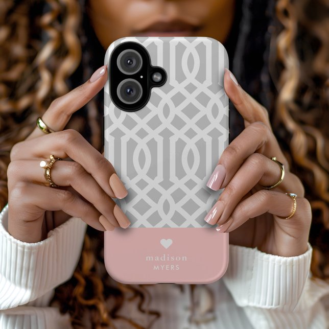 Pink and Gray Trellis Heart Monogram Case-Mate iPhone Case (Creator Uploaded)