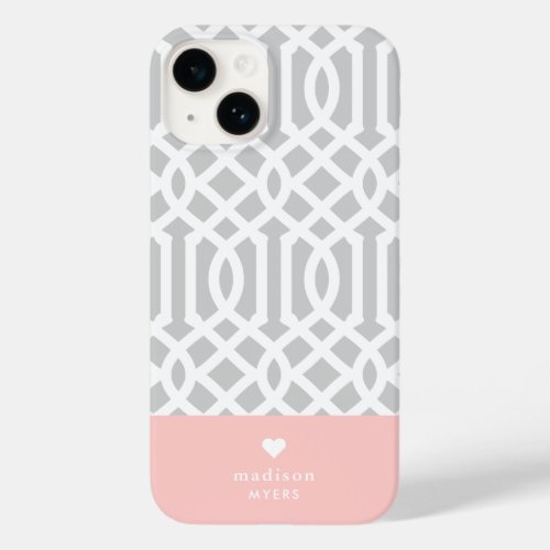 Pink and Gray Trellis Heart Monogram Case_Mate iPhone 14 Case