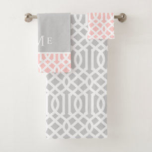 Pink and Gray Trellis Monogram Editable Colors Bath Towel Set