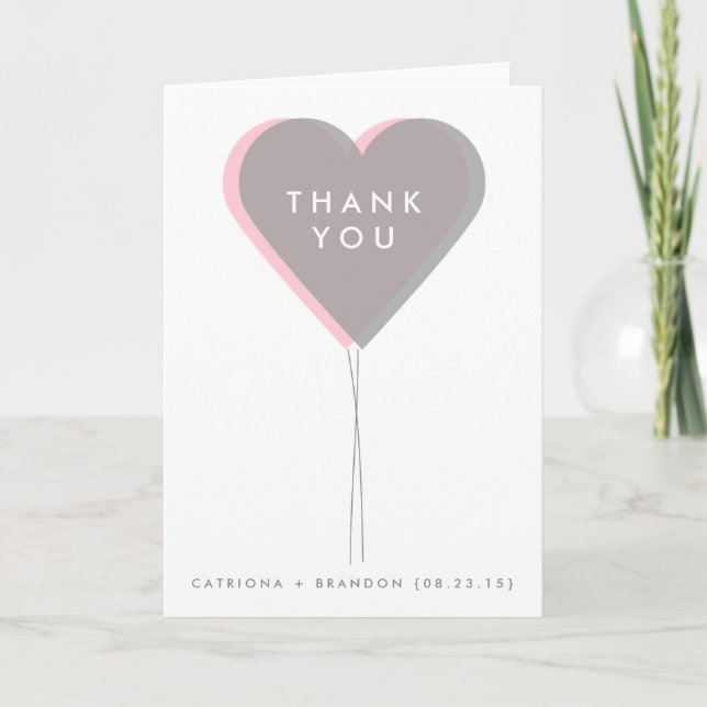Pink and Gray Twin Hearts Wedding Thank You Card (Front)