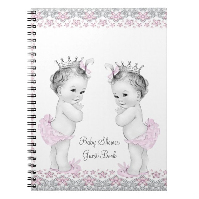 Pink and Gray Twins Baby Shower Guest Book (Front)